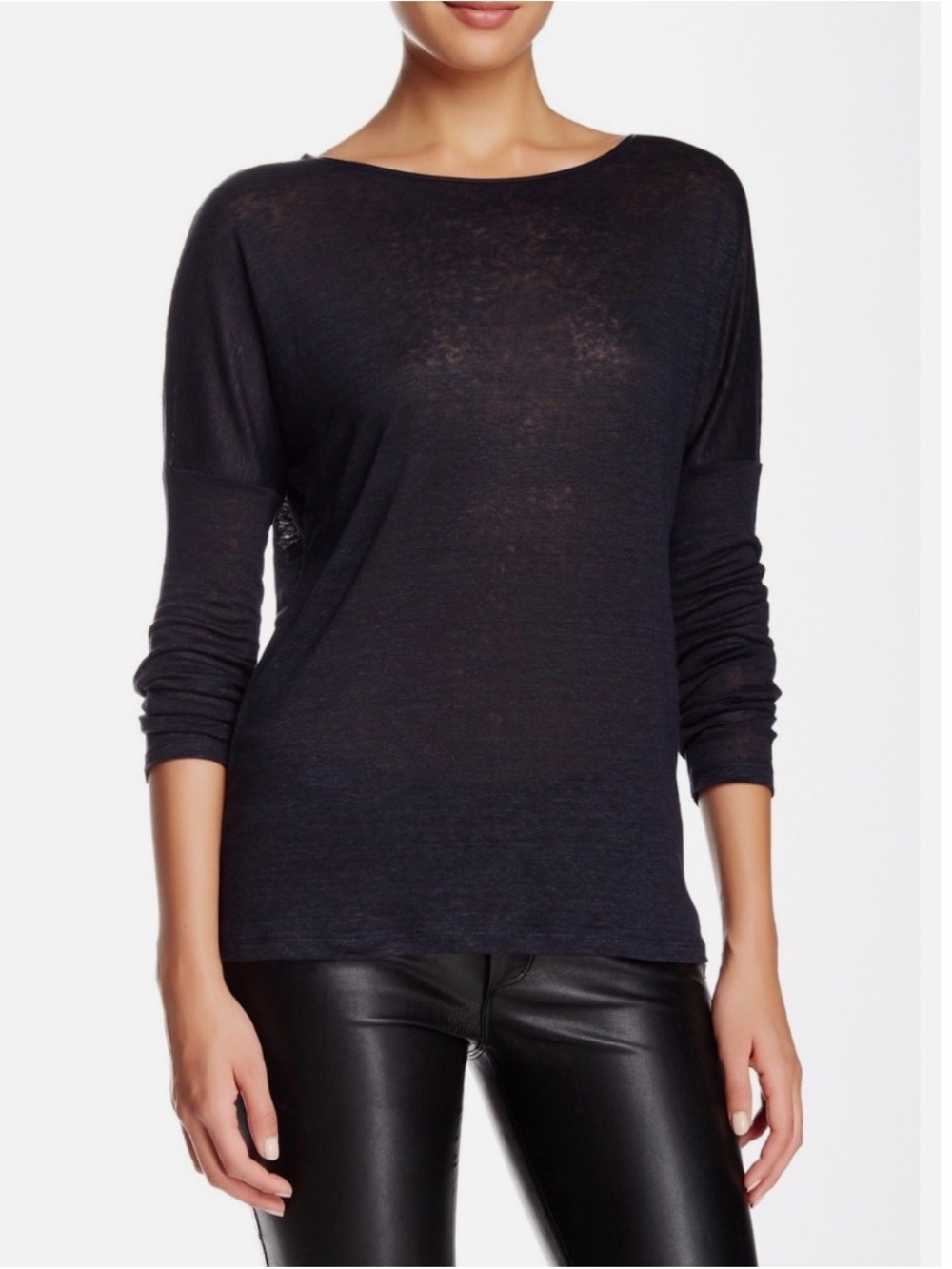 Vince navy linen semi-sheer Boatneck Long-Sleeve Top